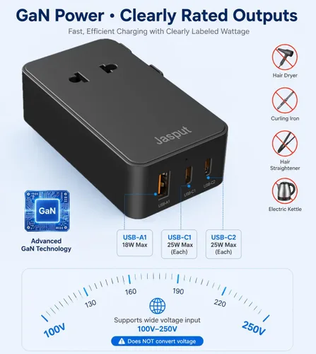 Miniatura 6 de Jasput Adaptador de viaje universal de 25 W, mini adaptador ultrafino con 2 USB-C y 1 USB-A, carga rápida para teléfonos inteligentes, tabletas