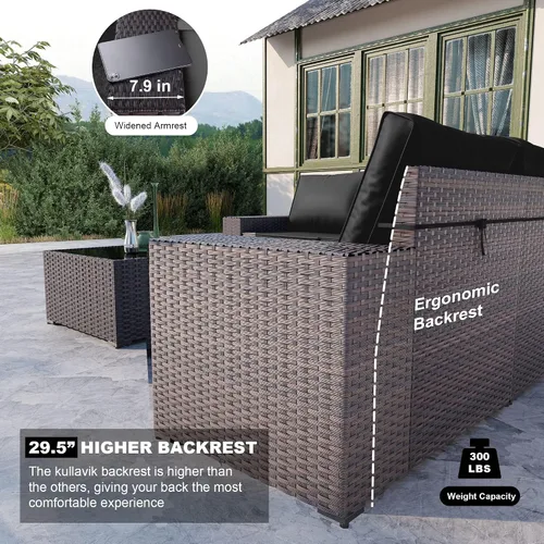 Miniatura 2 de Kullavik - Juego de muebles para exterior de 6 piezas con sofá modular de ratán de polietileno, color negro