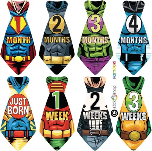 Miniatura 5 de 17 corbatines Original Stick'Nsnap (TM) para pegar en monos de bebé, con mensajes por mes, serie "Happy Heroes" (TM). Acontecimientos para 12 meses