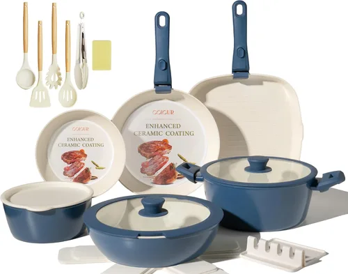 Miniatura 9 de Juego de utensilios de cocina de cerámica de 23 piezas antiadherente, ollas y sartenes antiadherentes no tóxicas con mango desmontable, juego