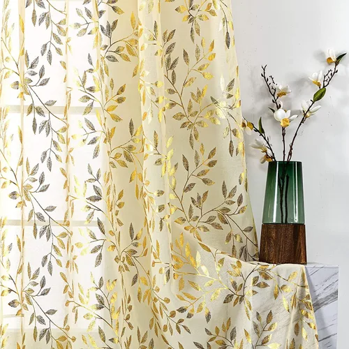 Sutuo Home Juego de 2 paneles de cortinas traslúcidas beige de 72 pulgadas de largo, hojas bronceadoras metálicas con estampado de lámina dorada,