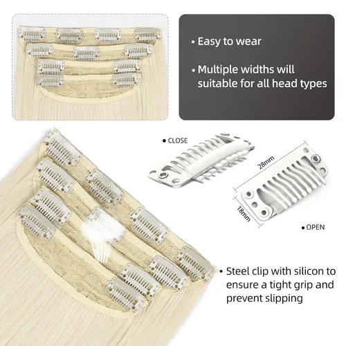 Miniatura 4 de Extensiones de cabello sintético con pinzas, largas y lacias, gruesas, extensiones de cabello natural de fibra de color rubio 613 de doble trama, 20