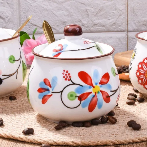 Miniatura 2 de Azucarero de cerámica con tapa y cuchara, recipiente de azúcar floral pintado a mano de 10.8 onzas para cocina, tarro de especias de porcelana HH