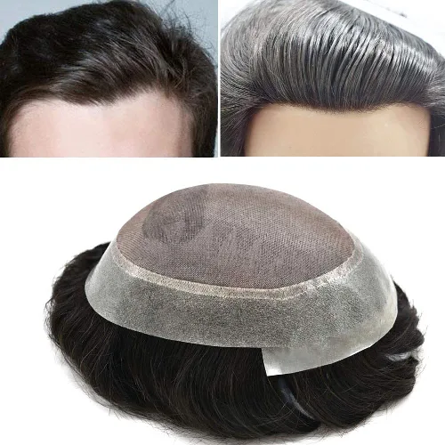 Miniatura 8 de Peluca tipo tupé para hombre, sistema de repuesto de cabello humano #1B, negro natural, duradero, monofilamento fino, monofilamento, piel