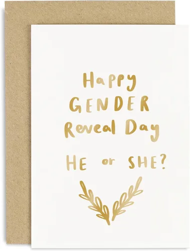 Old English Co. - Tarjeta de felicitación para el día de revelación de género para nuevos padres, revelación de bebé niño o niña para amigos y
