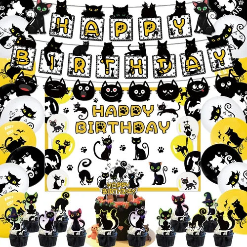 Decoración de fiesta temática de gato, juego de suministros de fiesta de cumpleaños de gato negro, incluye fondos de gato negro de 5 x 3 pies,