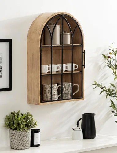 Miniatura 2 de Kate and Laurel Megara - Gabinete decorativo de pared colgante con arco de madera con puerta para almacenamiento abierto; 16 x 5 x 24; Madera Natural