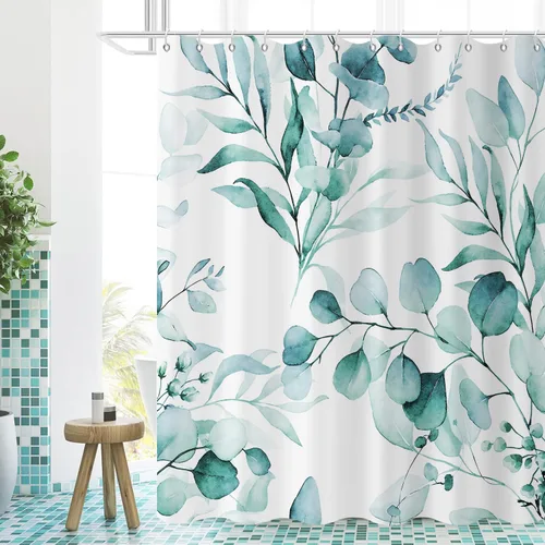 Miniatura 25 de Cortina de ducha de eucalipto, hojas verdes de acuarela en la parte superior con cortina de baño floral, decoración de baño para bañera, tela Hoja