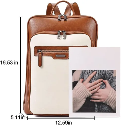 Miniatura 3 de CLUCI Mochila de cuero para computadora portátil de 15.6 pulgadas para mujer, mochila grande de viaje para negocios, trabajo, color blanco roto