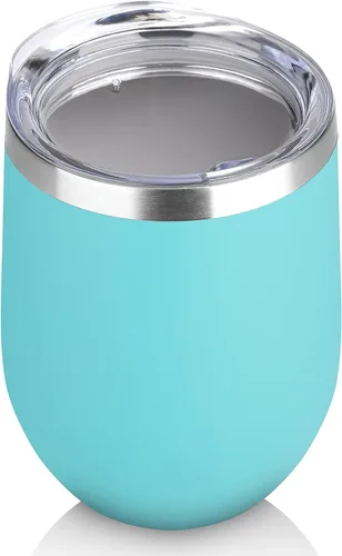Miniatura 54 de DOMICARE - Juego de 8 vasos de vino de 12 onzas con tapa, hechos de acero inoxidable con aislamiento al vacío de doble pared, color celeste Azul