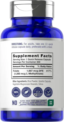 Miniatura 2 de Carlyle L metilfolato 1000mcg 200 cápsulas Tamaño de valor Optimizado y activado Sin OMG, sin gluten Folato de metilo, 5-MTHF por