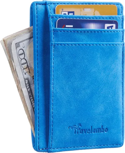Miniatura 2 de Travelambo billetera mediana y minimalista de cuero para bolsillo frontal, con bloqueo de interferencia de radiofrecuencia, Azul-cielo, Minimalista