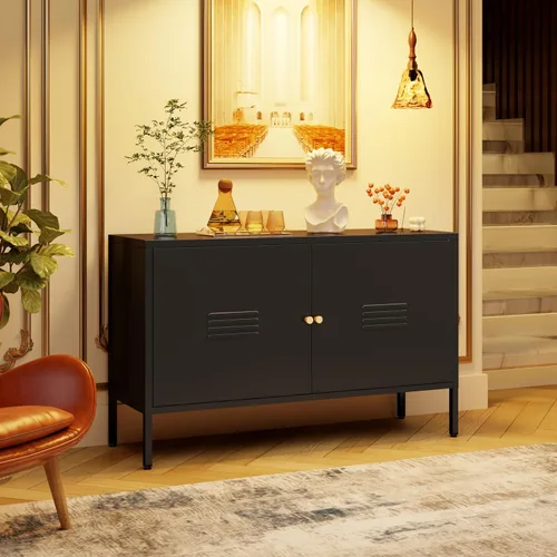 Miniatura 16 de Armario de almacenamiento de metal con 2 puertas de malla para sala de estar, hogar, hotel, oficina, garaje, cocina, 3 niveles, 2 estantes Negro