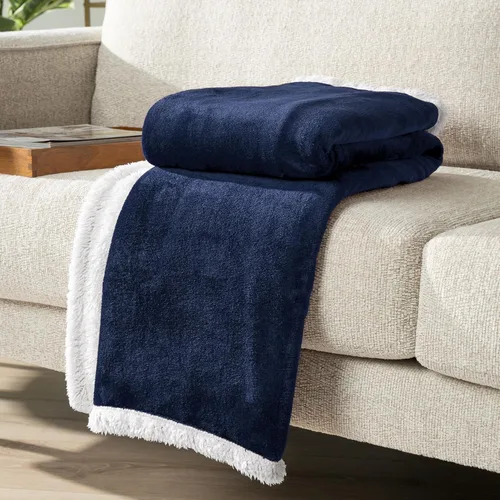 Miniatura 5 de PAVILIA Manta Throw de Vellón Sherpa para Sofá, Tamaño Twin, Azul Marino, Manta de Felpa Suave y Esponjosa para Sofá, Manta de Invierno Reversible