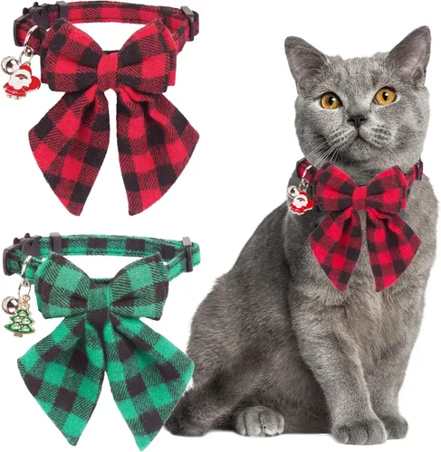 Miniatura 16 de ADOGGYGO Collares para gatos de Halloween con campana extraíble con corbatín extraíble, paquete de 2 unidades, collar de lazo de Halloween a cuadros
