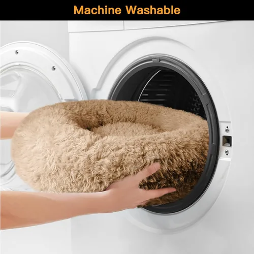 Miniatura 6 de Camas calmantes para perros grandes, cama para perros acolchonada de dona de piel sintética, almohada redonda y esponjosa, cama lavable para Marrón