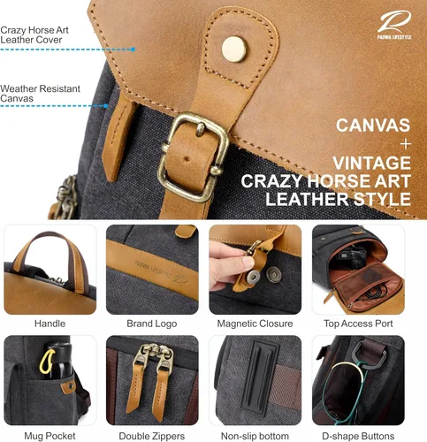 Miniatura 7 de Padwa Lifestyle Mochila para cámara profesional color negro y gris – Retro Crazy Horse Art Bolsa grande para cámara con múltiples cámaras