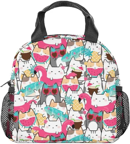 Miniatura 8 de Lonchera para gatos y adolescentes, lonchera aislada para niñas, bonita lonchera azul con bolsillos, bolsa de almuerzo reutilizable mediana