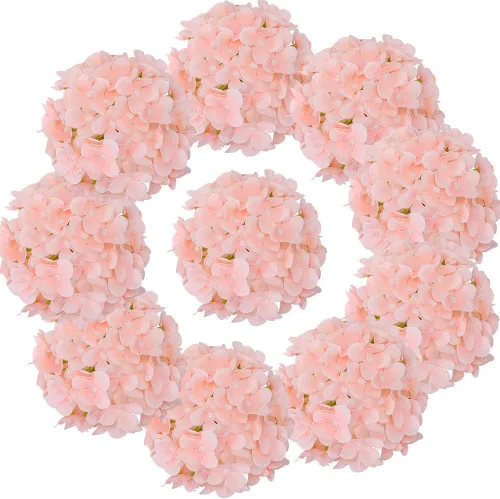 Cabezas de hortensias de seda con tallos de flores artificiales para decoración del hogar, boda, paquete de 10 unidades (rosa melocotón)