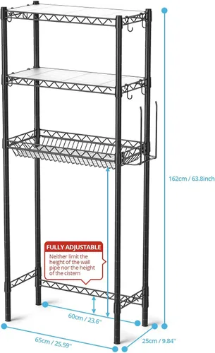 Miniatura 3 de Hodonas Estante de almacenamiento sobre el inodoro, organizador de baño ajustable con soporte para papel higiénico y 8 ganchos, 3 niveles de metal