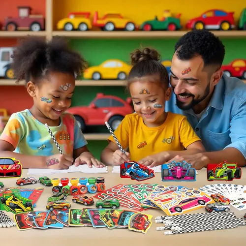 Miniatura 7 de BenLouis 96 piezas de recuerdos de fiesta de autos de carreras con tema de carreras, juego de papelería escolar a granel para niños, ruedas