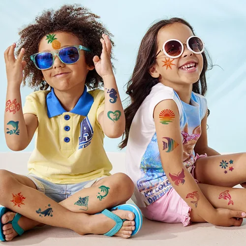 Miniatura 4 de CHARLENT Tatuajes temporales con purpurina para decoración de fiesta Aloha – 74 hojas individuales con purpurina de tatuajes de verano para niños