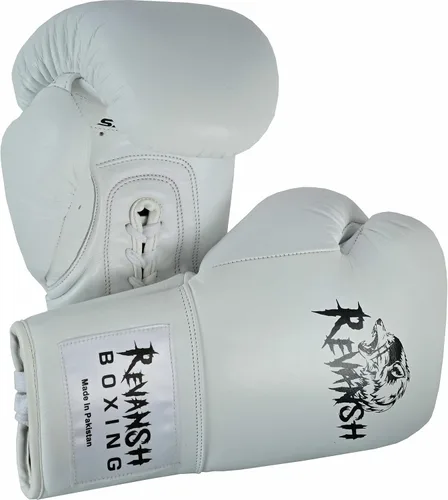 Miniatura 8 de Revansh Prolace - Guantes de boxeo de piel de vacuno, unisex, entrenamiento profesional y sparring, color blanco y negro, tamaños: 12 onzas, 14