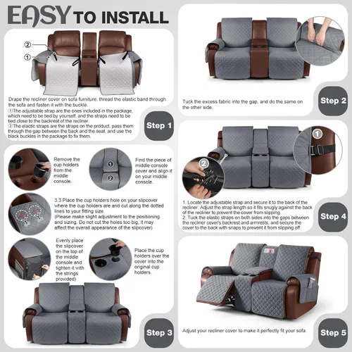 Miniatura 6 de KinCam Funda 100% impermeable para sofá biplaza reclinable con consola, fundas antideslizantes para sofá reclinable de 2 asientos, funda protectora