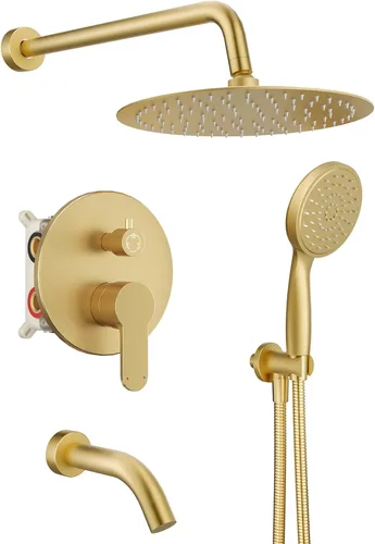 Shower System with Tub Spout, Gold Shower Faucet Set with 10-Inch Rain Shower Head, Handheld Shower head and Shower Faucet Trim valve, Wall Mounted
