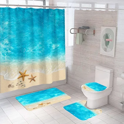 Miniatura 10 de Cortina de ducha de tortuga marina, juego de cortinas de ducha de océano azul, divertidas cortinas de ducha con 12 ganchos, cortinas de tela