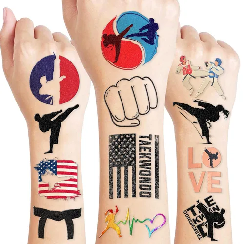 Miniatura 5 de 96 tatuajes temporales precortados de Taekwondo - Recuerdos de fiesta temática de karate y kung fu, lindos tatuajes falsos para niños, niños