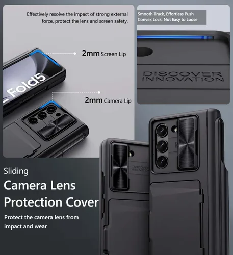 Miniatura 4 de Vihibii Funda para Samsung Galaxy Z Fold 5 con soporte para S Pen, tarjetero y cubierta de lente deslizante, protector de pantalla y protección