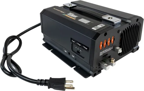 Cargador de batería PowerMax PMBC-75 de 75 amperios y 12 V con abrazaderas.