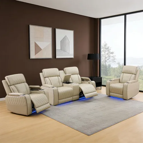 Miniatura 11 de Sofá reclinable individual eléctrico para muebles de sala de estar, silla reclinable de cuero con luces LED, puertos USB, almacenamiento oculto