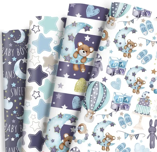 Dtiafu Papel de regalo para baby shower para bebé niño – 12 hojas de papel de regalo azul bebé con patrón de oso estrella, pastel, luna y dulces