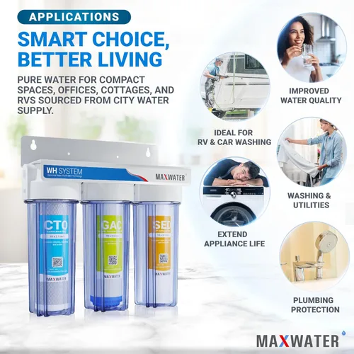 Miniatura 5 de Max Water Sistema de filtración de agua estándar de 3 etapas (bueno para agua de la ciudad) de 10 pulgadas para toda la casa – Sedimento + GAC + CTO