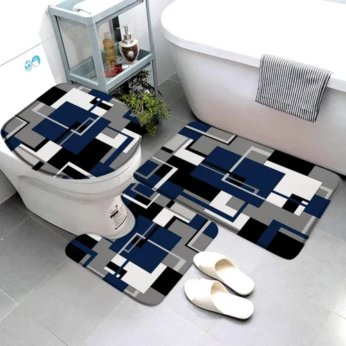 Miniatura 6 de Juego de 3 tapetes de baño geométricos rojos, negro, blanco y gris, líneas minimalistas abstractas geométricas de mediados de siglo, cubierta