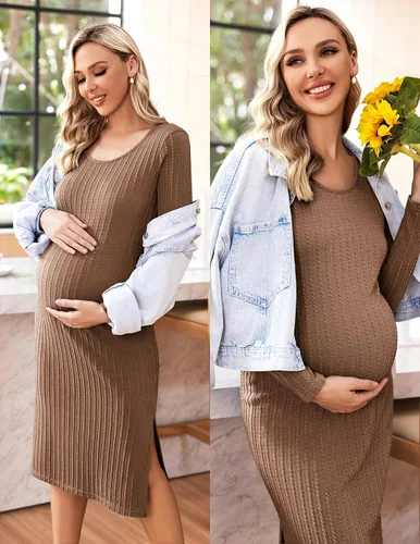 Miniatura 2 de Ekouaer Maternity Dress Rib Knit Long Sleeve Side Slit Bodycon Dresses Pregnancy Baby Shower Clothes S-XXL