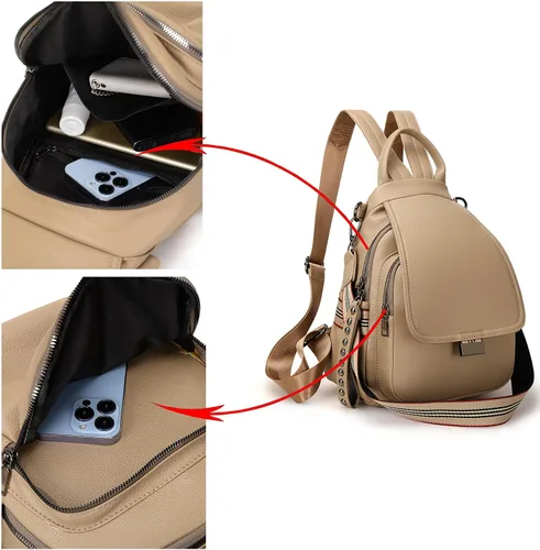 Miniatura 3 de VONCOSS Mini mochila de moda para mujer, mochila pequeña, multibolsillos, convertible, bolsa de hombro, Caqui, Mochilas Daypack