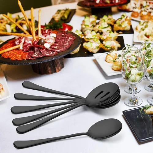 Miniatura 2 de LIANYU Juego de 6 cucharas y tenedores negros para servir, 8 3/4 pulgadas, acero inoxidable, para bufé, catering, fiesta, banquete, servir, tenedor