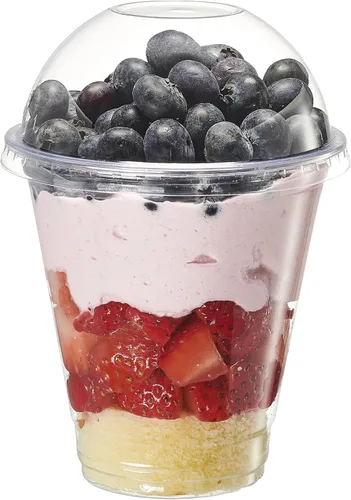 GUSTO [12 oz - 50 unidades de vasos de plástico transparentes con tapas de cúpula (sin agujero), tazas de frutas con tapas para fiestas - Perfectas