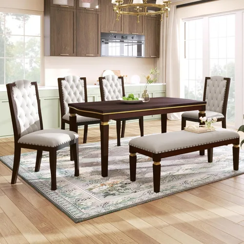 Miniatura 12 de Harper & Bright Designs Juego de mesa de comedor de madera gris de 6 piezas con banco tapizado y 4 sillas de comedor, patas de forma especial