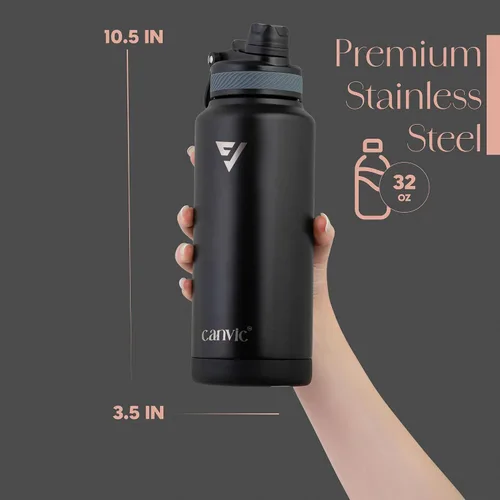 Miniatura 3 de Canvic DualSip - Botella de agua de acero inoxidable aislada al vacío de 32 onzas, 2 tapas a prueba de fugas (pajilla y pico), boca ancha, sin BPA