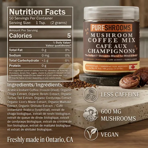 Miniatura 2 de PureShrooms Perfect 7 - Café de hongos – Arábica instantánea de origen único con melena de león orgánica, Reishi y Cordyceps – Bebida