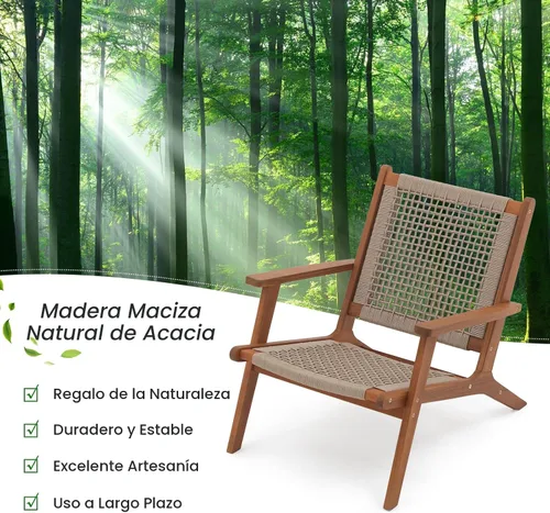 Miniatura 7 de Verano Garden Juego de 2 sillas de patio, sillón moderno de madera de acacia con cuerda tejida a mano para patio, sala de estar, dormitorio, balcón
