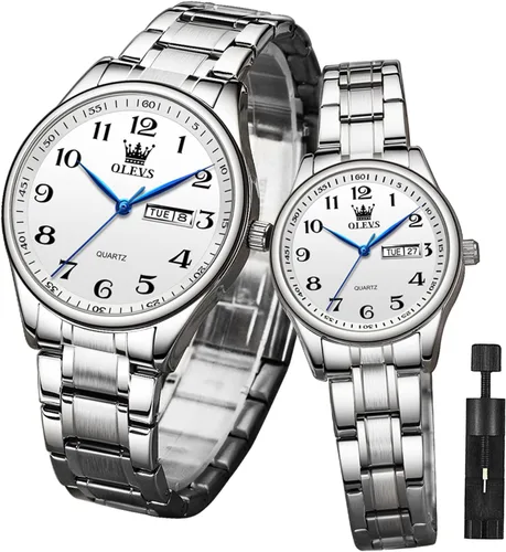 Miniatura 58 de OLEVS Juego de 2 relojes de cuarzo para parejas de San Valentín, calendario luminoso, ventana de fecha, 3 ATM, impermeable, casual, acero