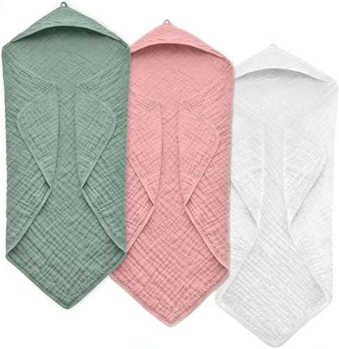 Miniatura 7 de Toallas de bebé con capucha para recién nacido, 35 x 35 pulgadas, paquete de 3 toallas de baño 100% algodón de muselina para bebé, toallas de playa