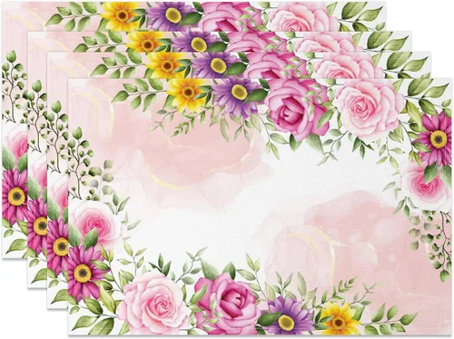 Miniatura 12 de AOFOTO Juego de 4 manteles individuales con estampado floral de hojas de eucalipto verdes con acuarela, manteles individuales rectangulares lavables