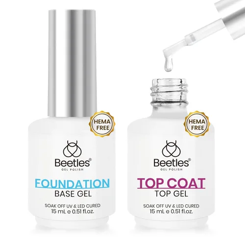 Beetles 2 Piezas Juego de Base y Capa Superior de Gel Libre de Hema Sin Limpieza, Fórmula Suave Mejorada Capa Superior Brillante Esmalte de Uñas de
