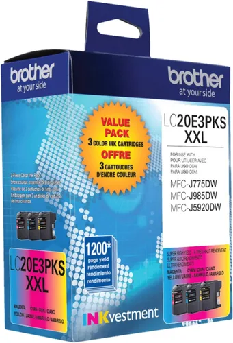 Miniatura 5 de Cartucho de tinta Brother genuino de alto rendimiento en color, paquete de 3 LC20E, paquete de repuesto de tinta de color de tres piezas, incluye 1
